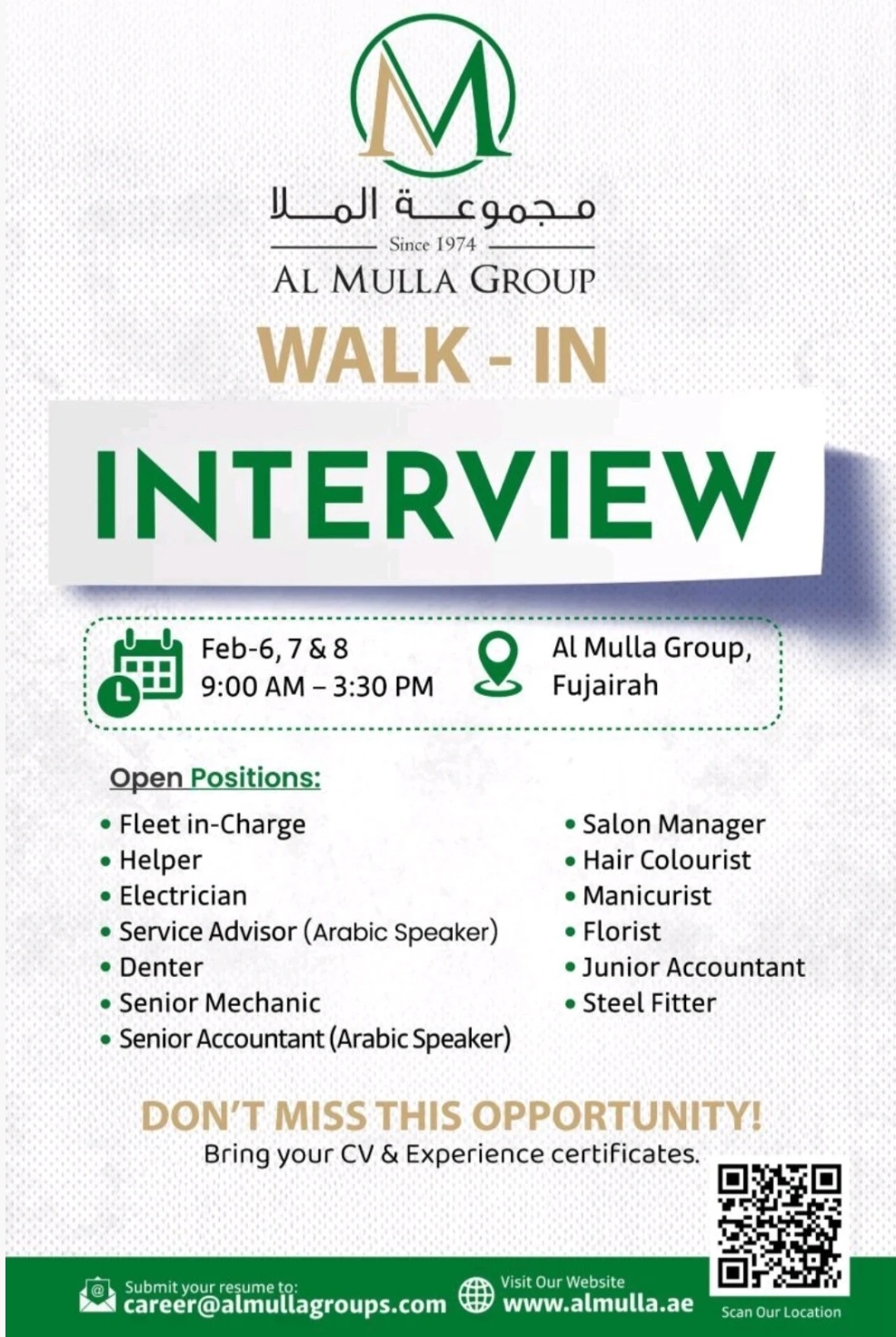 Walk – In – Interviews at Al Mulla Group, Fujairah Job vaccines For Accountant, Mechanic,  Denver, Electricians,  Helpers and more